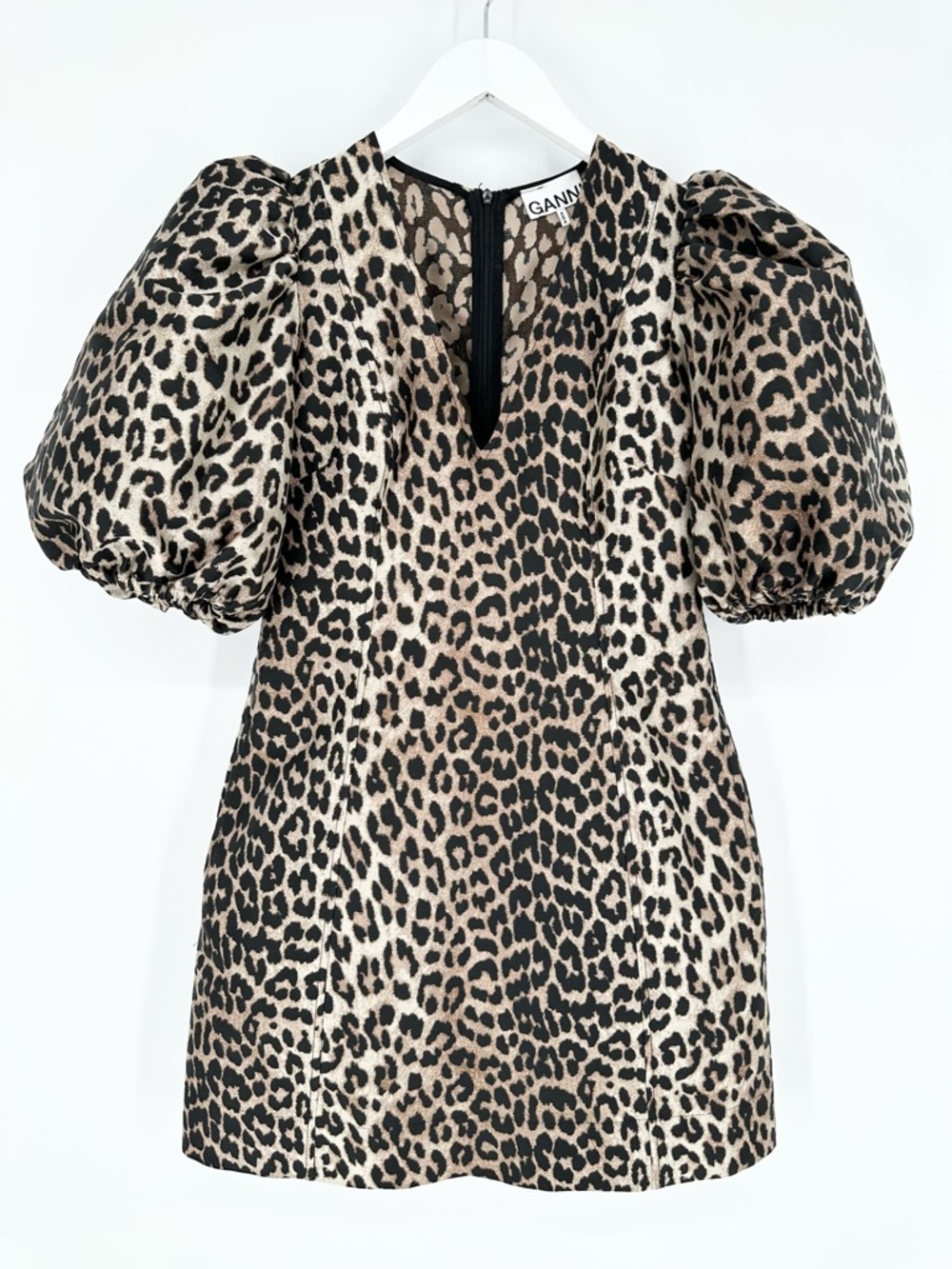 Ganni Brown Animal Print Jacquard Puff Sleeve Mini Dress